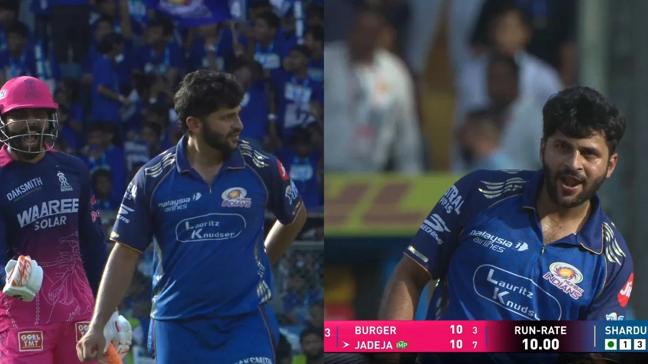 ravindra jadeja and shardul thakur involved in friendly banter during mi vs rr clash